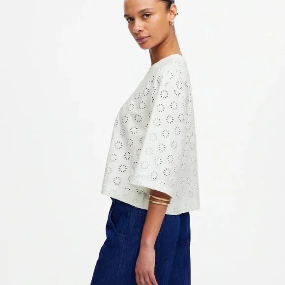 Madewell Embroidered Wide-Sleeve Boxy Tee Sunfaded Blue Relaxed Fit Casual Top S - Picture 7 of 16